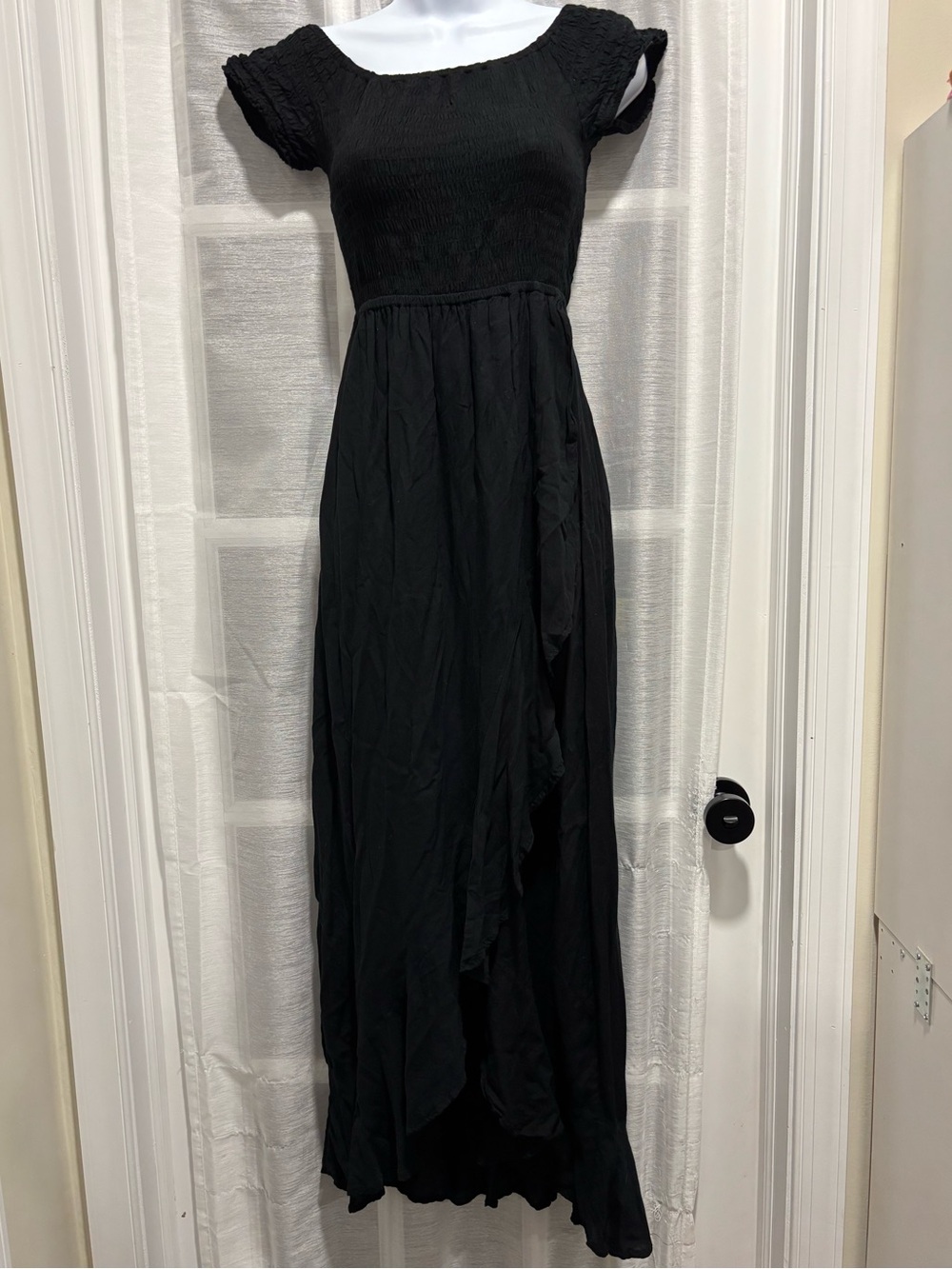Tiare Hawaii Cheyenne Off Shoulder Black Smocked Maxi Dress Ruffle Slit One Size